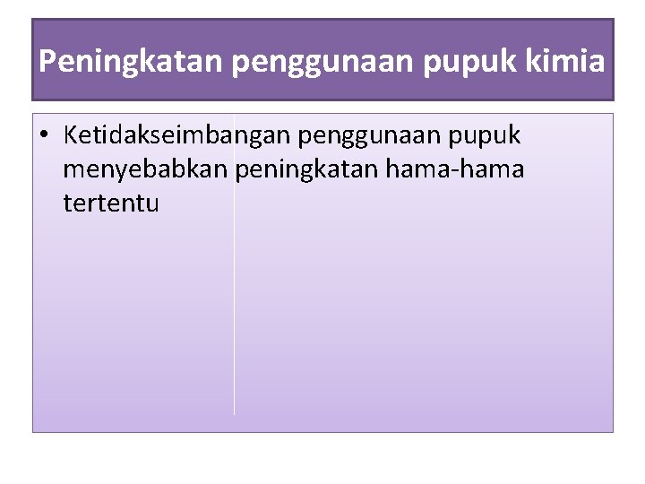 Peningkatan penggunaan pupuk kimia • Ketidakseimbangan penggunaan pupuk menyebabkan peningkatan hama-hama tertentu 