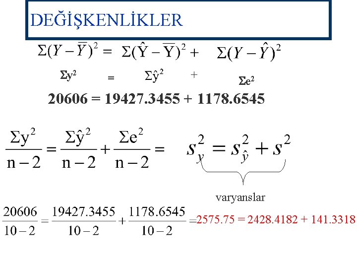 DEĞİŞKENLİKLER Sy 2 = + Se 2 20606 = 19427. 3455 + 1178. 6545