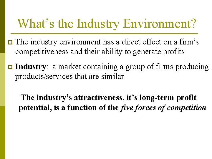 What’s the Industry Environment? p The industry environment has a direct effect on a