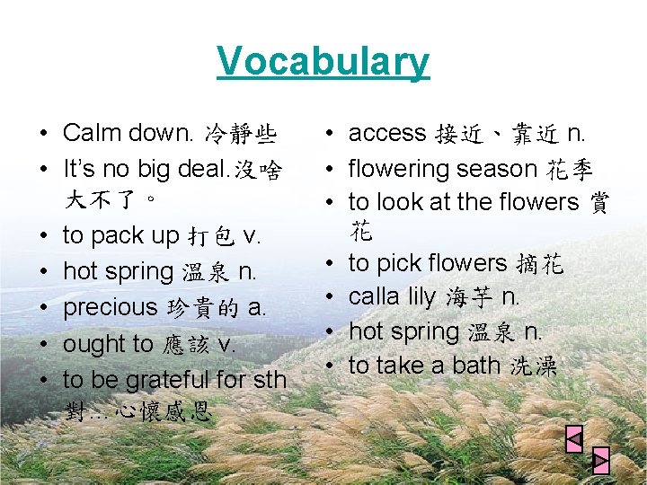 Vocabulary • Calm down. 冷靜些 • It’s no big deal. 沒啥 大不了。 • to