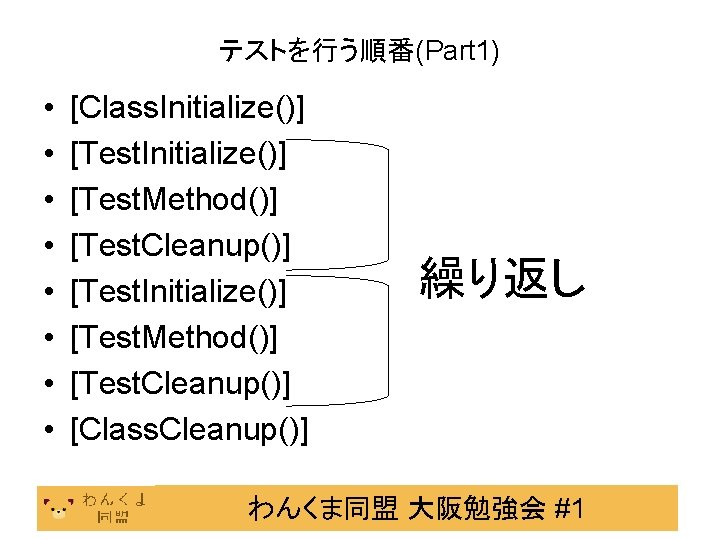 テストを行う順番(Part 1) • • [Class. Initialize()] [Test. Method()] [Test. Cleanup()] [Test. Initialize()] [Test. Method()]