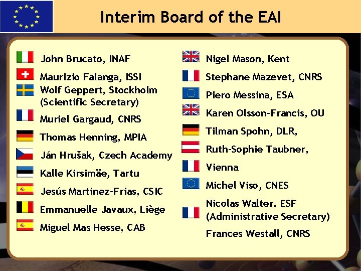 Interim Board of the EAI John Brucato, INAF Nigel Mason, Kent Maurizio Falanga, ISSI