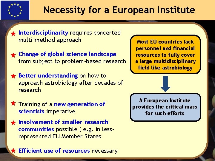 Necessity for a European Institute Interdisciplinarity requires concerted multi-method approach Change of global science