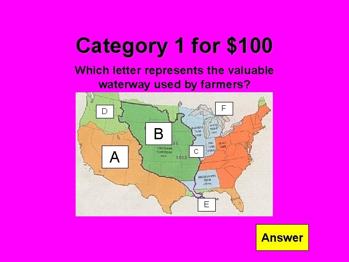 Category 1 for $100 Which letter represents the valuable waterway used by farmers? F