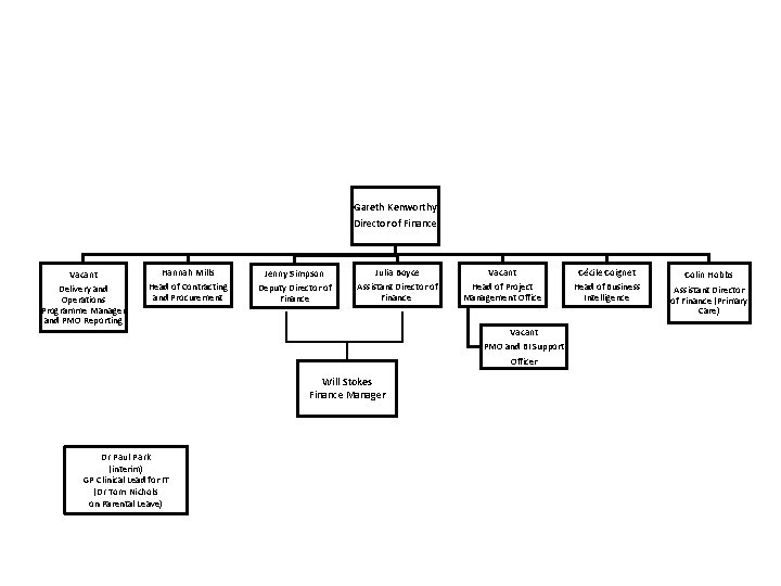 Gareth Kenworthy Director of Finance Vacant Delivery and Operations Programme Manager and PMO Reporting