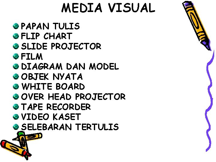 MEDIA VISUAL PAPAN TULIS FLIP CHART SLIDE PROJECTOR FILM DIAGRAM DAN MODEL OBJEK NYATA