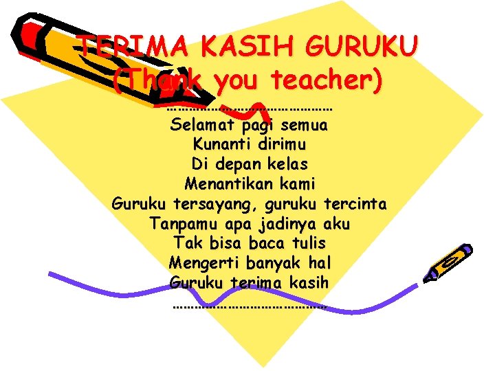 TERIMA KASIH GURUKU (Thank you teacher) …………………… Selamat pagi semua Kunanti dirimu Di depan