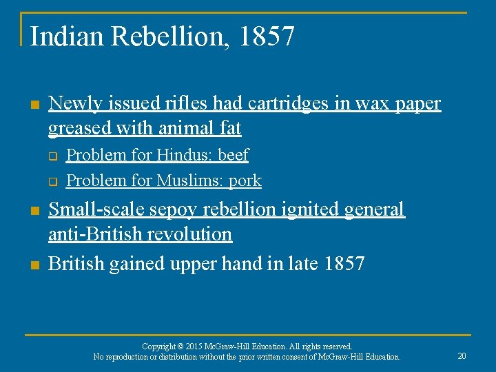 Indian Rebellion, 1857 n Newly issued rifles had cartridges in wax paper greased with