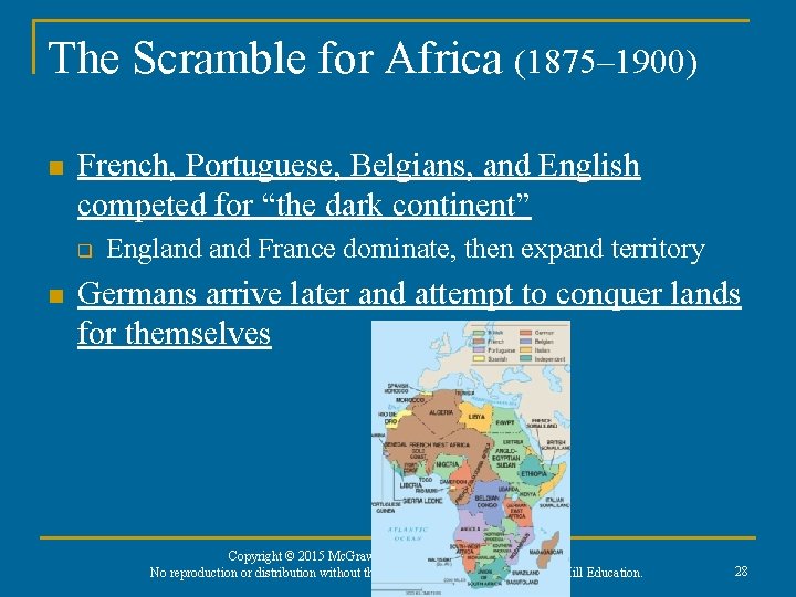 The Scramble for Africa (1875– 1900) n French, Portuguese, Belgians, and English competed for