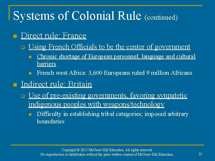 Systems of Colonial Rule (continued) n Direct rule: France q Using French Officials to