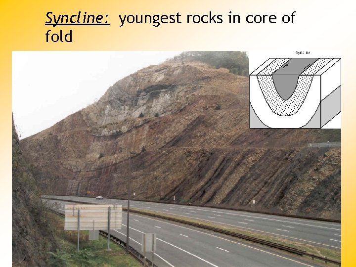 Syncline: youngest rocks in core of fold 