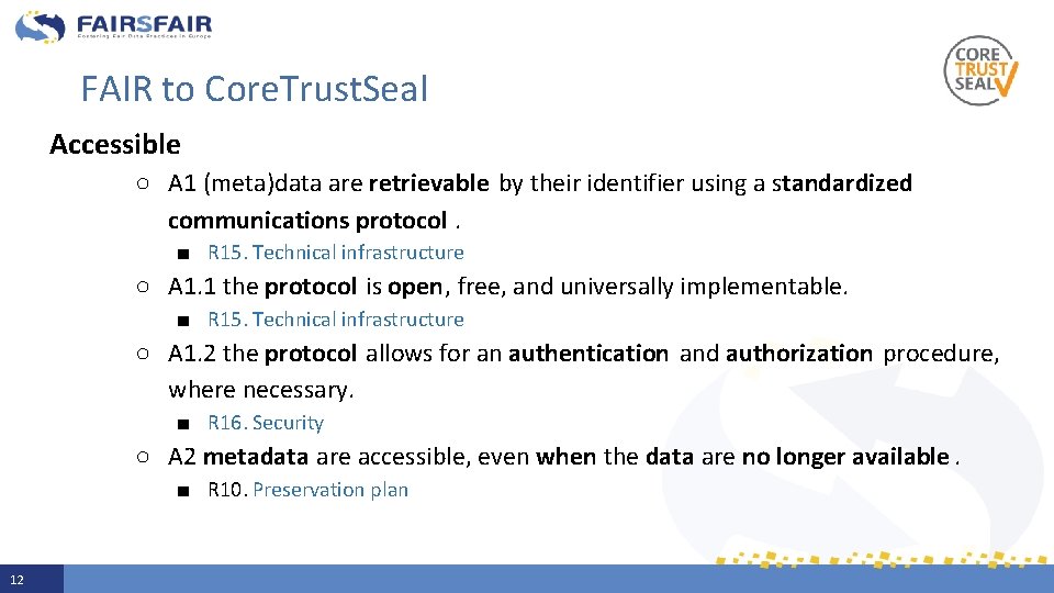 FAIR to Core. Trust. Seal Accessible ○ A 1 (meta)data are retrievable by their