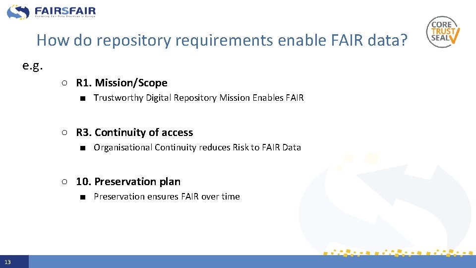 How do repository requirements enable FAIR data? e. g. ○ R 1. Mission/Scope ■