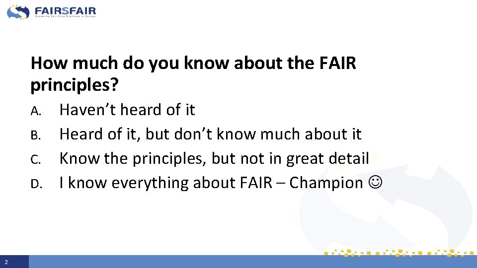 How much do you know about the FAIR principles? Haven’t heard of it B.