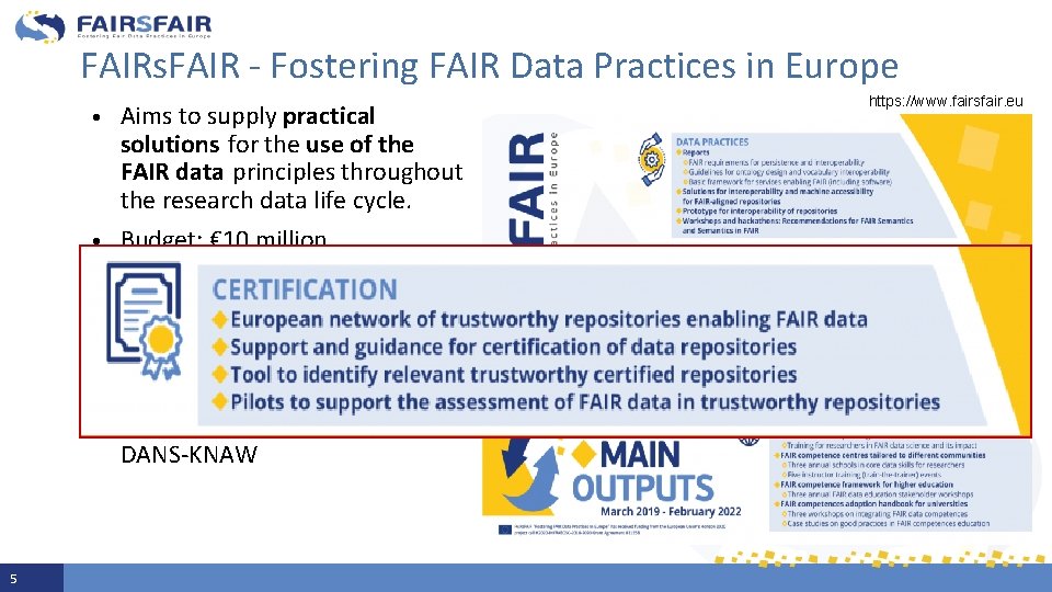 FAIRs. FAIR - Fostering FAIR Data Practices in Europe • • • 5 Aims