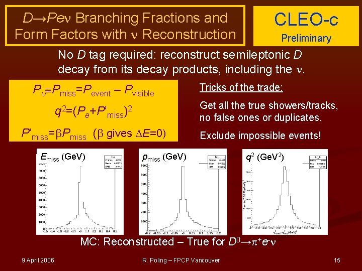 D→Pe Branching Fractions and Form Factors with Reconstruction CLEO-c Preliminary No D tag required: