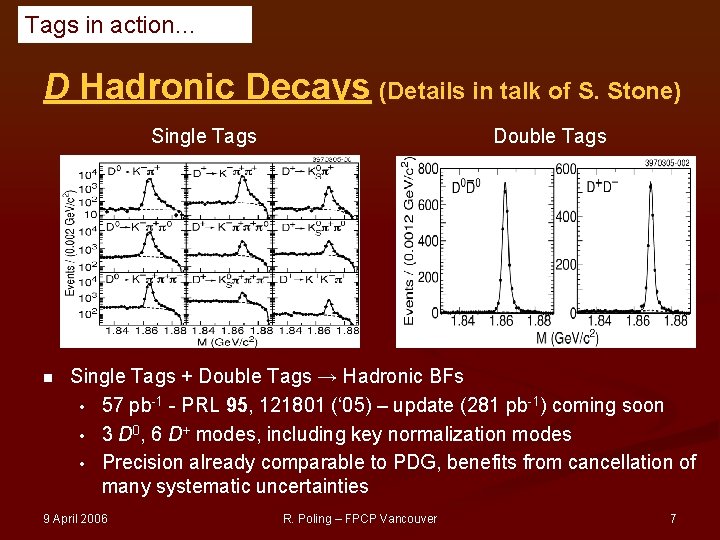 Tags in action… D Hadronic Decays (Details in talk of S. Stone) Single Tags