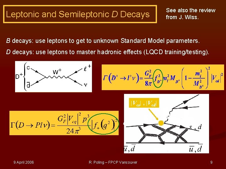 Leptonic and Semileptonic D Decays See also the review from J. Wiss. B decays: