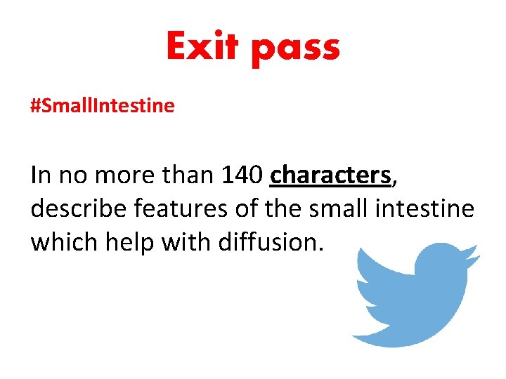 Exit pass #Small. Intestine In no more than 140 characters, describe features of the