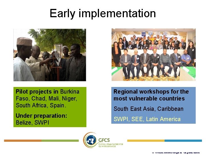 Early implementation Pilot projects in Burkina Faso, Chad, Mali, Niger, South Africa, Spain. Under