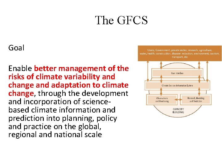 The GFCS Goal Enable better management of the risks of climate variability and change