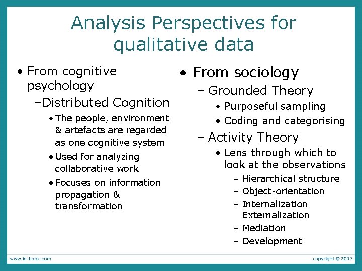 Analysis Perspectives for qualitative data • From cognitive • From sociology psychology – Grounded