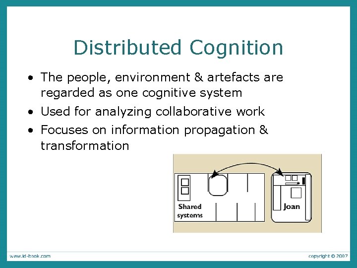 Distributed Cognition • The people, environment & artefacts are regarded as one cognitive system