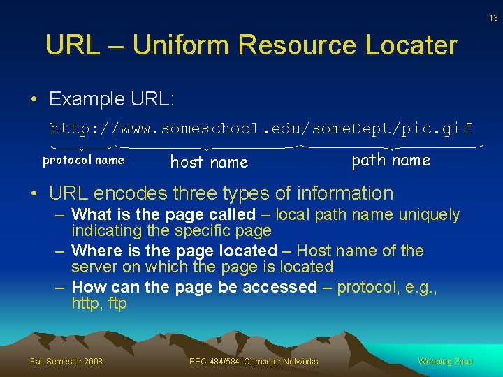 13 URL – Uniform Resource Locater • Example URL: http: //www. someschool. edu/some. Dept/pic.