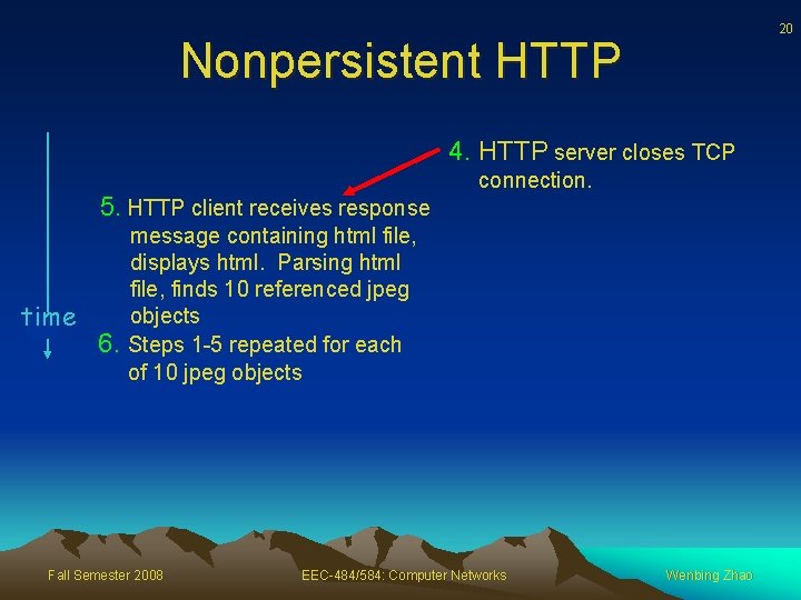 20 Nonpersistent HTTP 4. HTTP server closes TCP 5. HTTP client receives response time