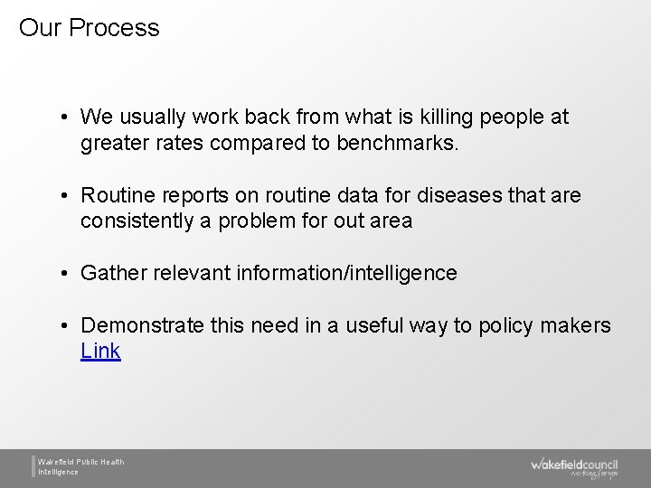 Our Process • We usually work back from what is killing people at greater