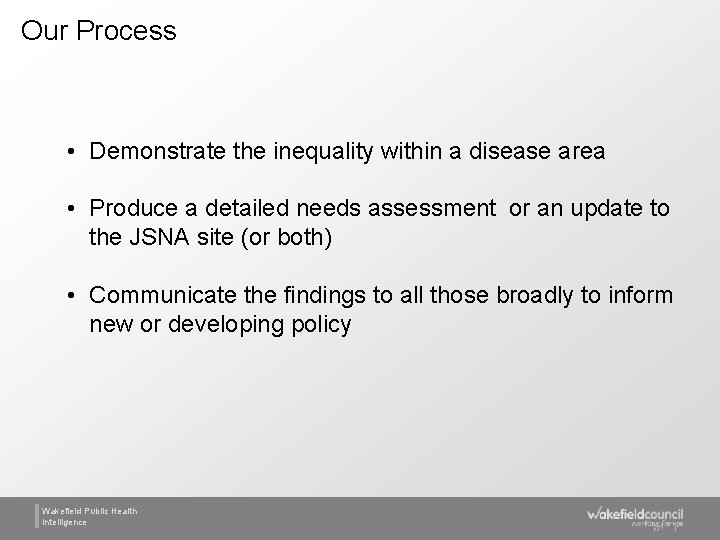 Our Process • Demonstrate the inequality within a disease area • Produce a detailed