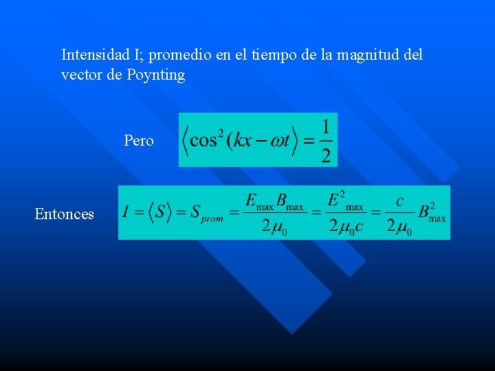 Intensidad I; promedio en el tiempo de la magnitud del vector de Poynting Pero