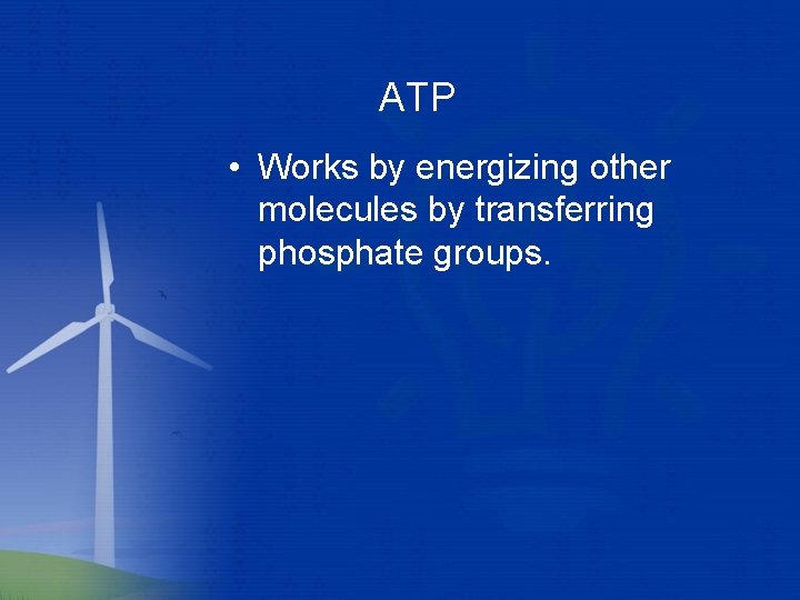 ATP • Works by energizing other molecules by transferring phosphate groups. 