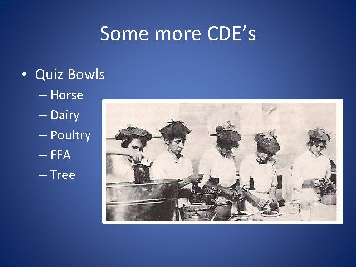 Some more CDE’s • Quiz Bowls – Horse – Dairy – Poultry – FFA