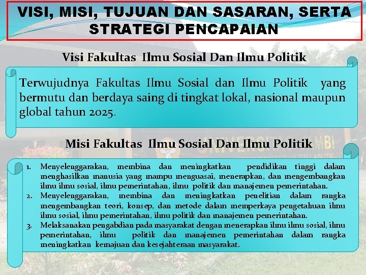 VISI, MISI, TUJUAN DAN SASARAN, SERTA STRATEGI PENCAPAIAN Visi Fakultas Ilmu Sosial Dan Ilmu