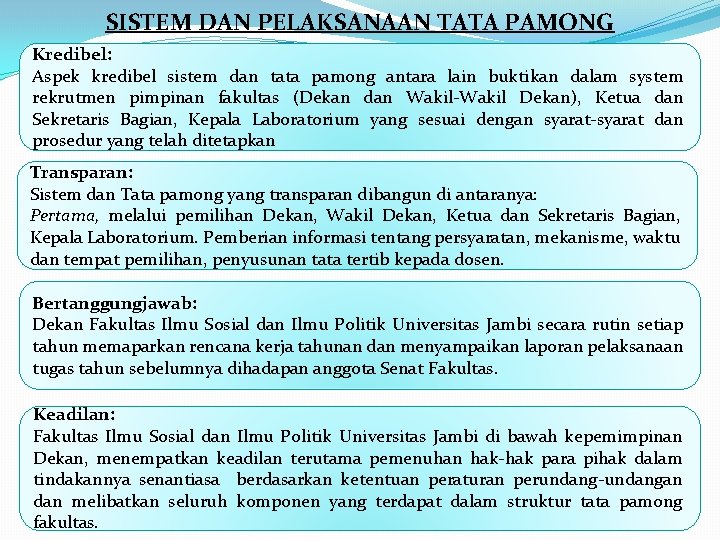 SISTEM DAN PELAKSANAAN TATA PAMONG Kredibel: Aspek kredibel sistem dan tata pamong antara lain