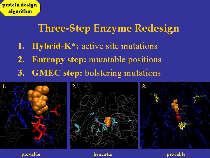 protein design algorithm Three-Step Enzyme Redesign 1. Hybrid-K*: active site mutations 2. Entropy step: