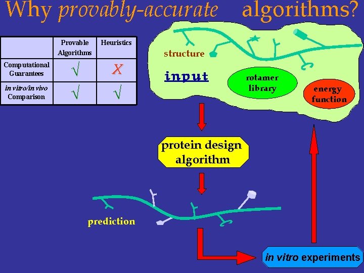 Why provably-accurate Computational Guarantees in vitro/in vivo Comparison Provable Algorithms Heuristics √ √ X