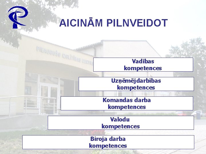 AICINĀM PILNVEIDOT Vadības kompetences Uzņēmējdarbības kompetences Komandas darba kompetences Valodu kompetences Biroja darba kompetences