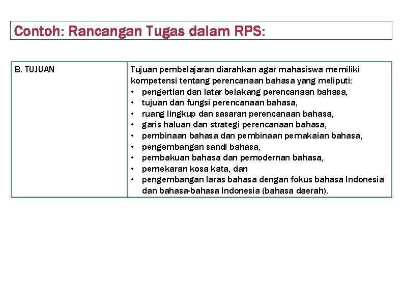 Contoh: Rancangan Tugas dalam RPS: B. TUJUAN Tujuan pembelajaran diarahkan agar mahasiswa memiliki kompetensi
