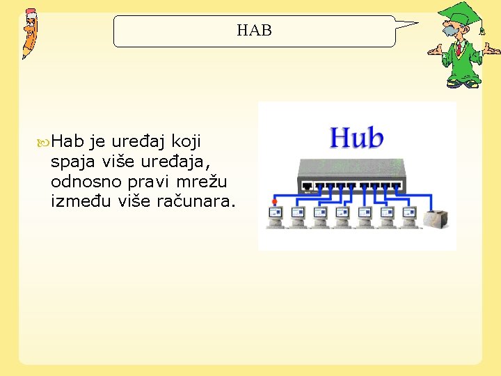 HAB Hab je uređaj koji spaja više uređaja, odnosno pravi mrežu između više računara.