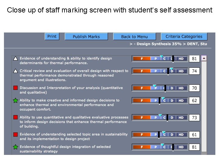 Close up of staff marking screen with student’s self assessment 