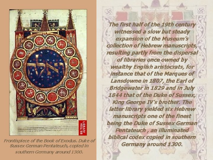 Frontispiece of the Book of Exodus. Duke of Sussex German Pentateuch, copied in southern