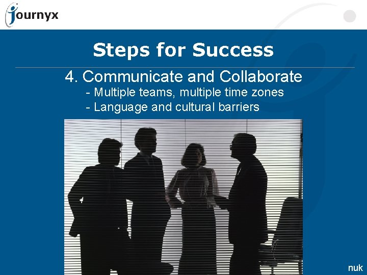 Steps for Success 4. Communicate and Collaborate - Multiple teams, multiple time zones -