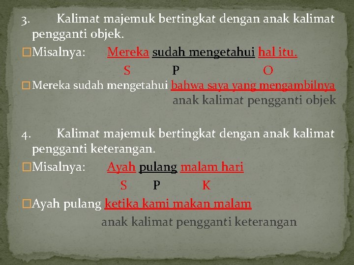 3. Kalimat majemuk bertingkat dengan anak kalimat pengganti objek. �Misalnya: Mereka sudah mengetahui hal