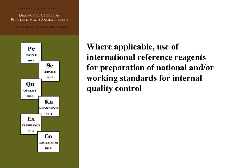 Where applicable, use of international reference reagents for preparation of national and/or working standards