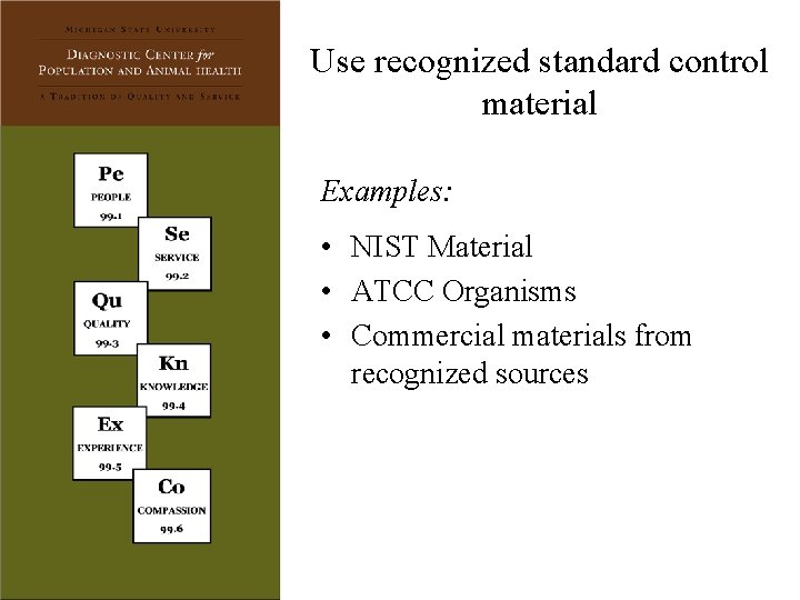 Use recognized standard control material Examples: • NIST Material • ATCC Organisms • Commercial