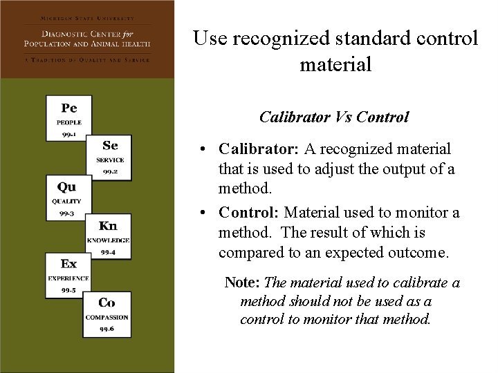 Use recognized standard control material Calibrator Vs Control • Calibrator: A recognized material that