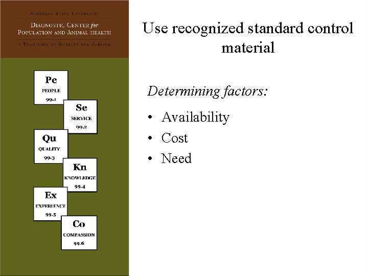 Use recognized standard control material Determining factors: • Availability • Cost • Need 