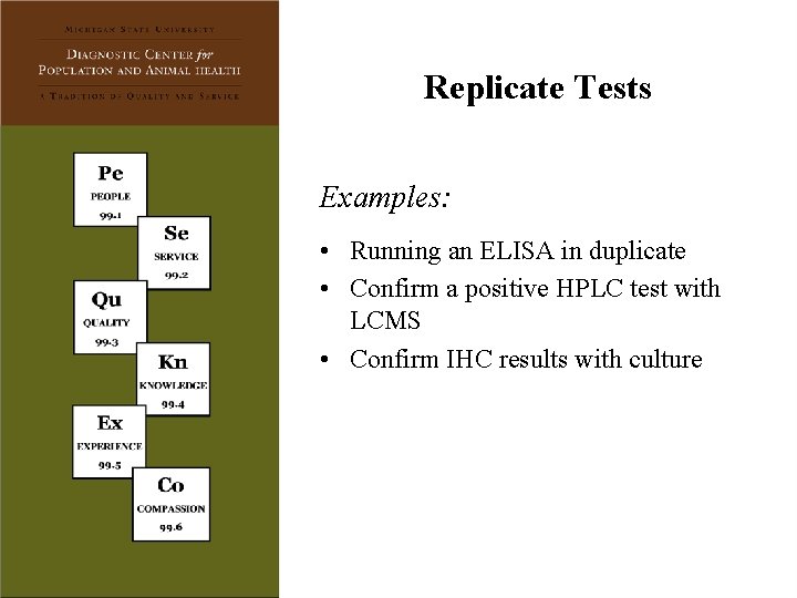 Replicate Tests Examples: • Running an ELISA in duplicate • Confirm a positive HPLC